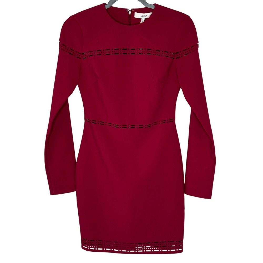 LIKELY Burgundy Long Sleeve Mini Dress Cutout Details Womens Size 2